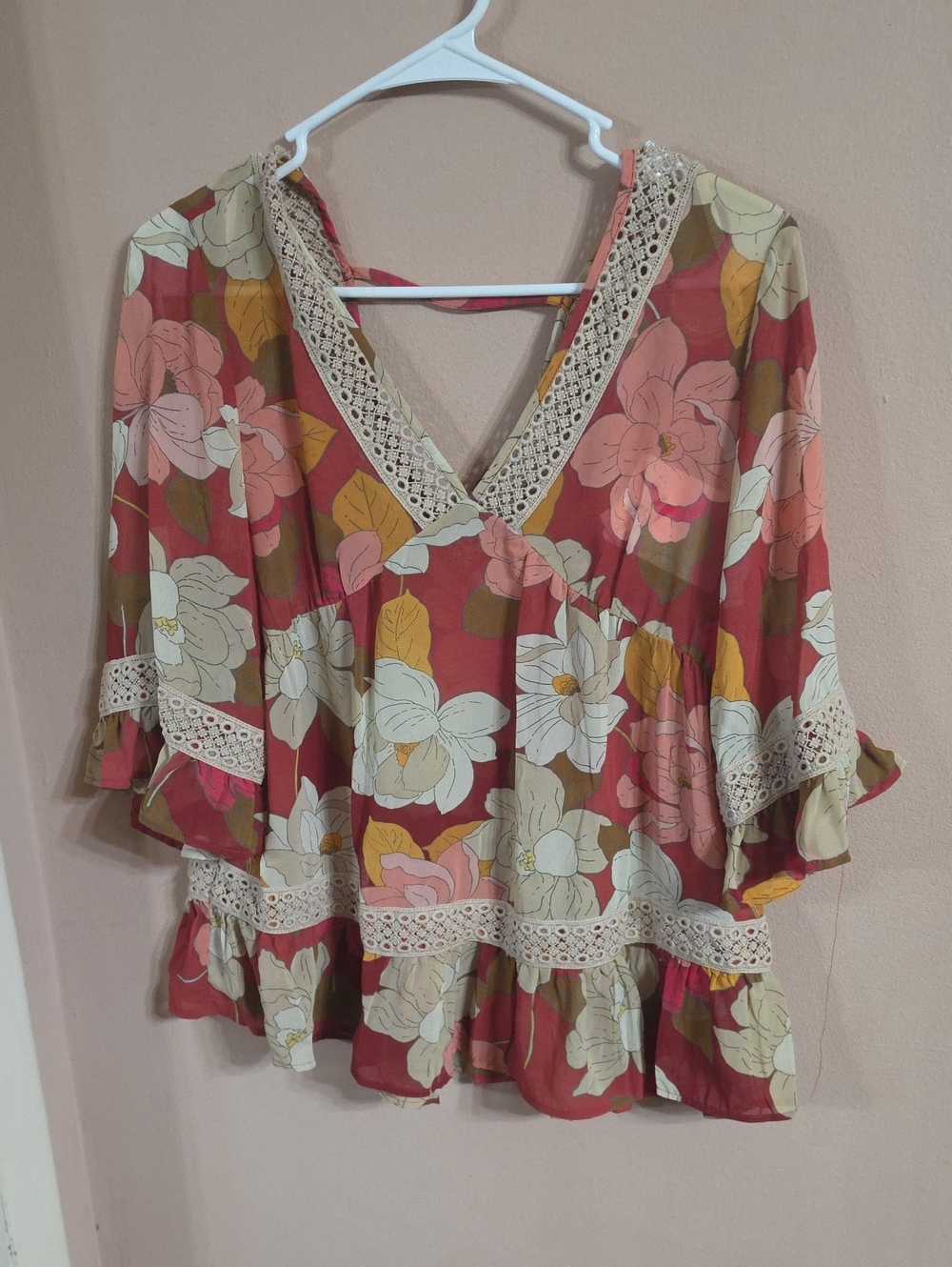 DR2 Floral Lace-Trim Peasant Top - Coral, Mustard & Cream